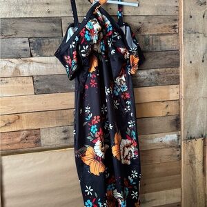 Off the Shoulder Floral Black Dress with Colorful Accents. New Without Tags